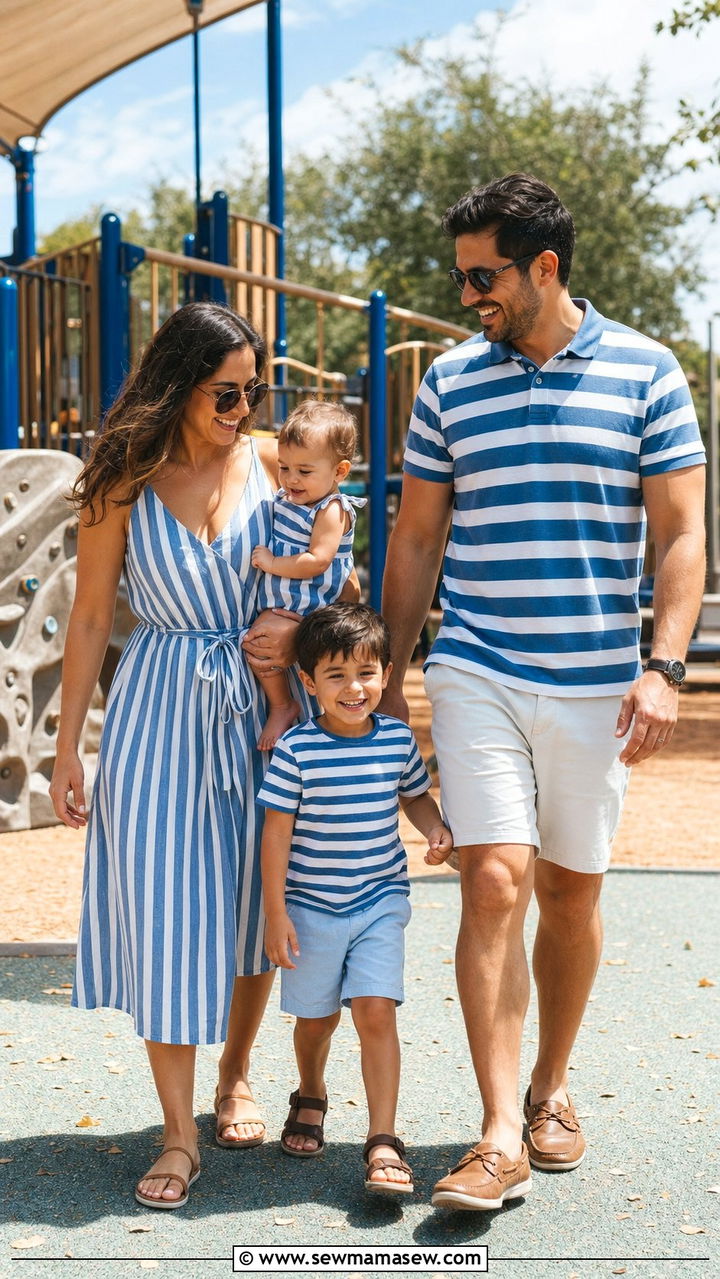 Blue and White Striped Family Photo Outfits at a Playground - 25 Family photo outfit ideas summer 2026