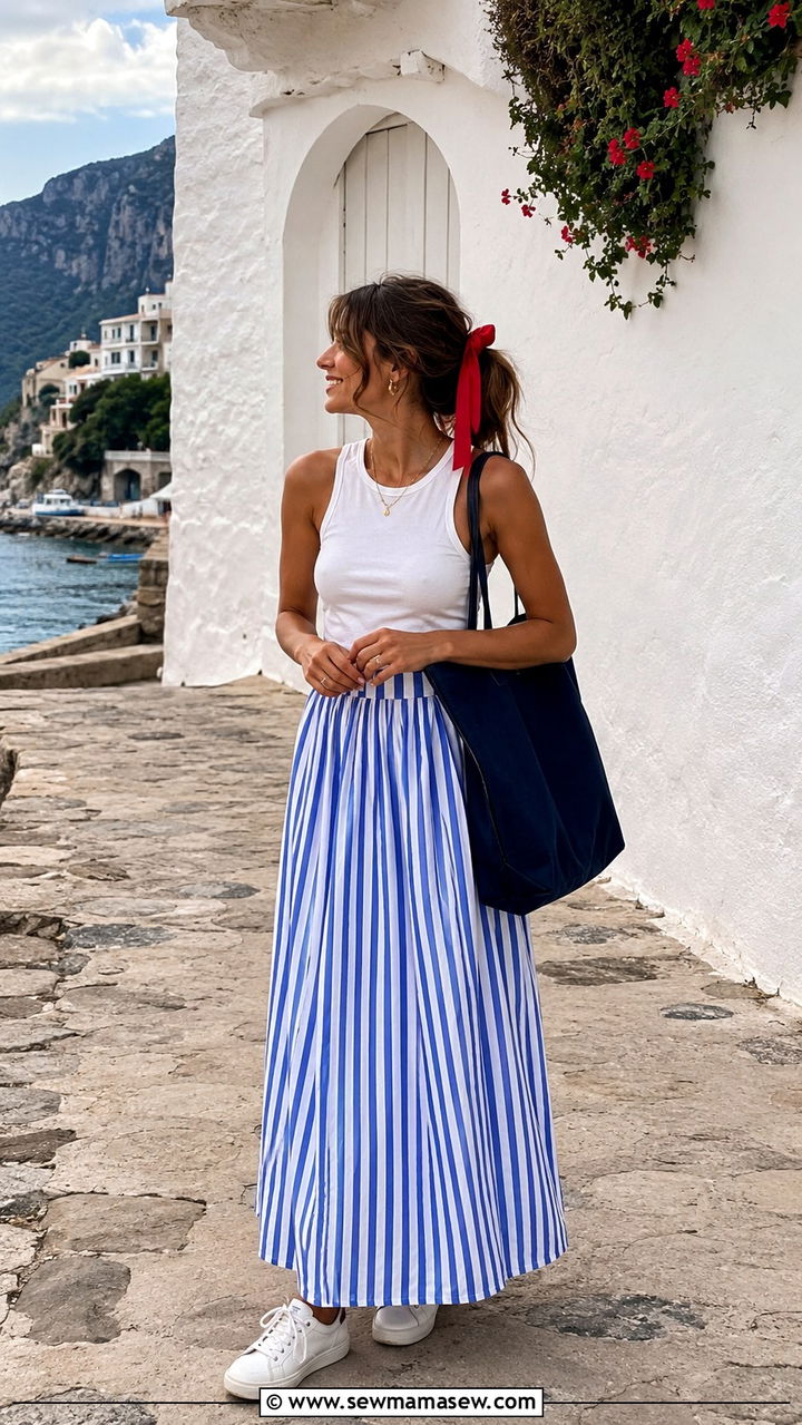 Blue and White Striped Maxi Skirt Italy Outfit - 30 Italy outfits ideas