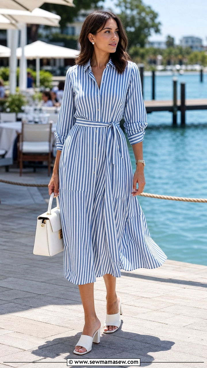 Blue and White Striped Midi Dress With Mules - 35 Blue dress outfit ideas summer 2026