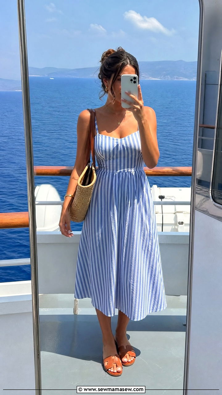 Blue and White Striped Midi Dress with Basket Bag - 35 Greece summer outfit ideas