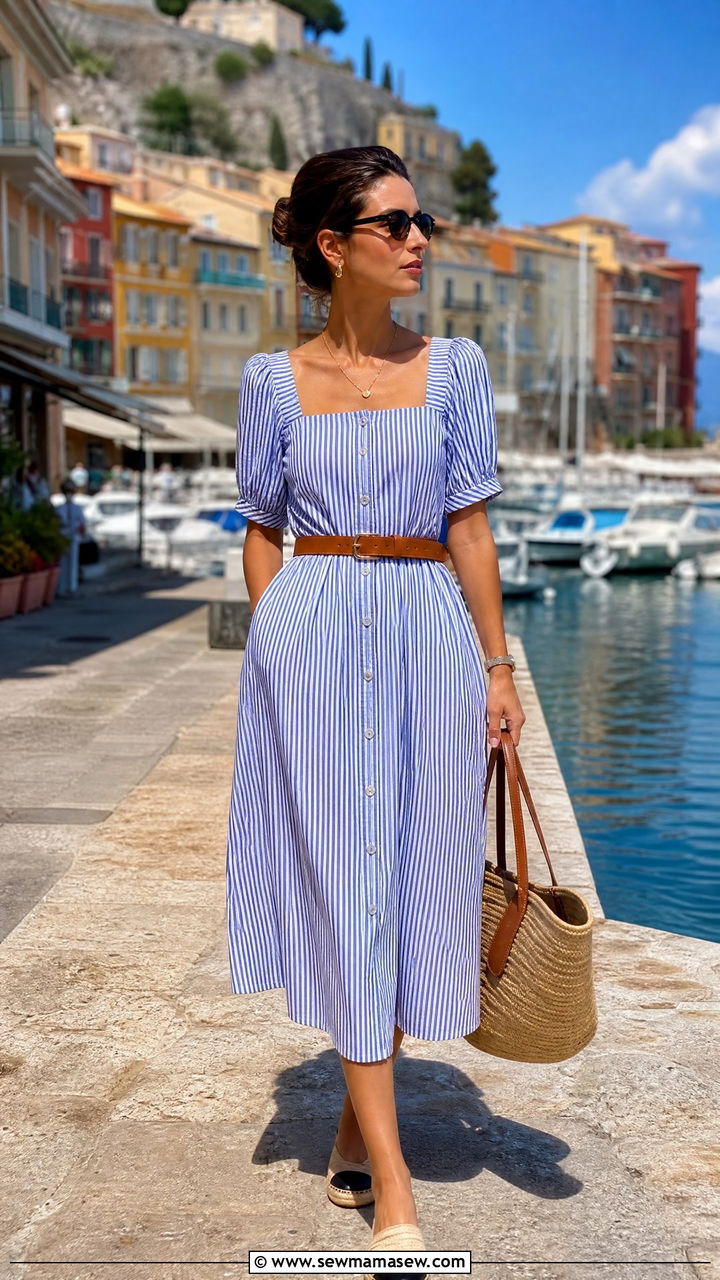 Blue and White Striped Midi Dress with Espadrilles - 30 French Riviera outfit ideas