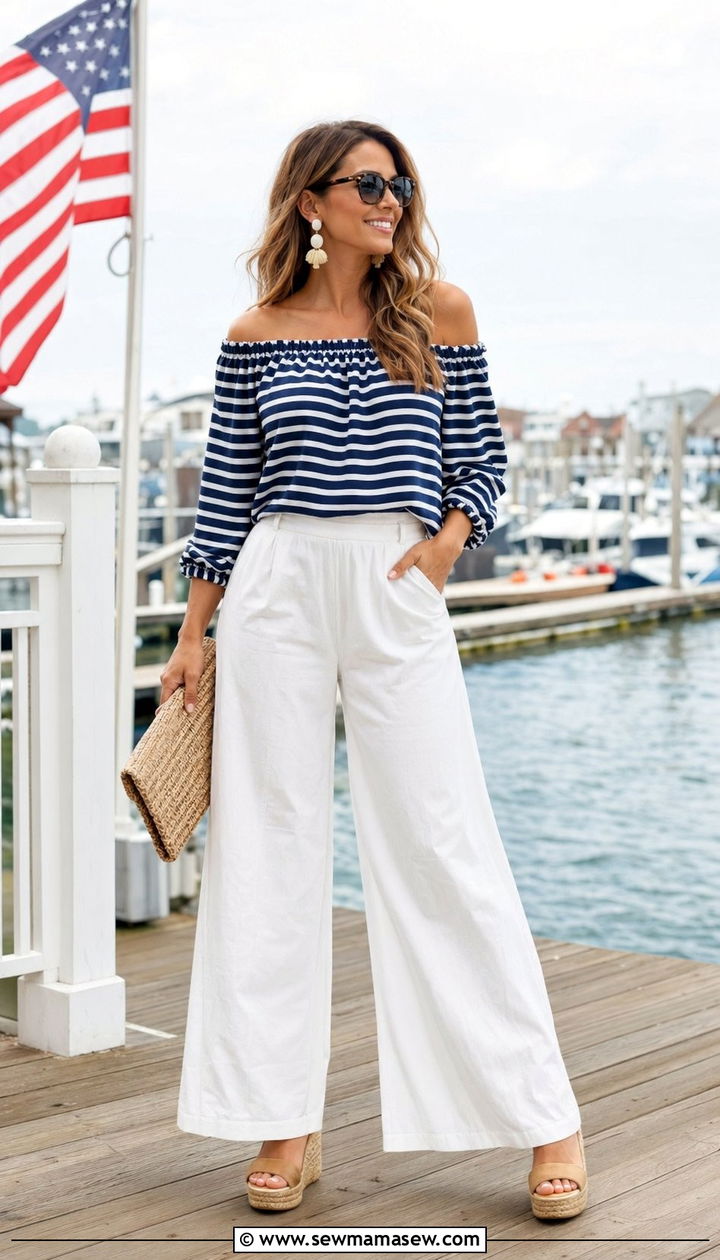 Blue and White Striped Off the Shoulder Top With White Pants - 35 4th of July outfits