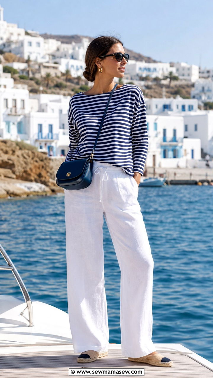 Blue and White Striped Top With Wide Leg Linen Pants - 30 Greek vacation outfit ideas 2026