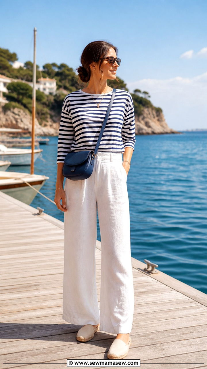 Blue and White Striped Top With Wide Leg White Linen Trousers - 40 Mediterranean outfit ideas