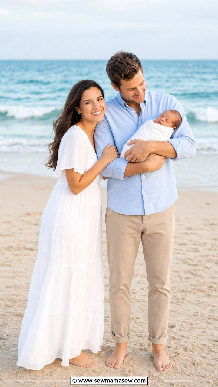 Blue and white family outfit newborn beach session - 25 Family photo outfit ideas with newborn
