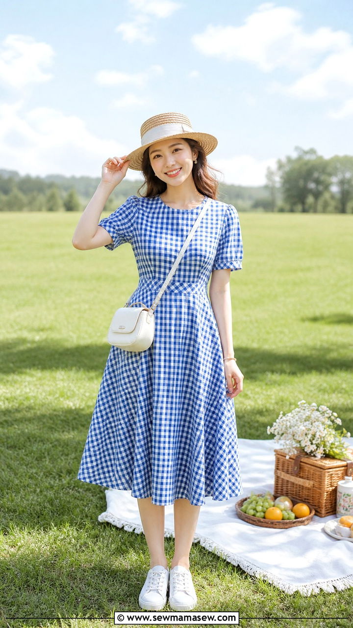 Blue and white gingham dress outfit - 40 Blue and white outfit ideas