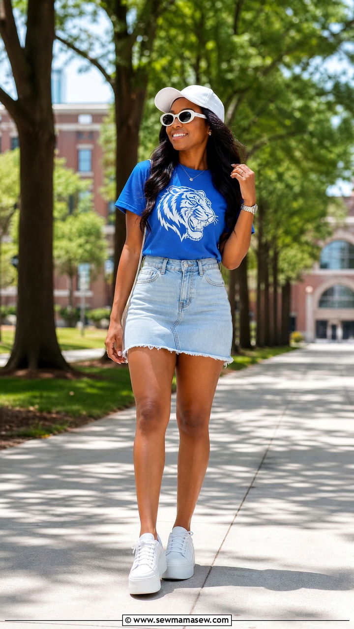 Blue and white graphic tee outfit with denim skirt - 25 Gameday outfit ideas HBCU