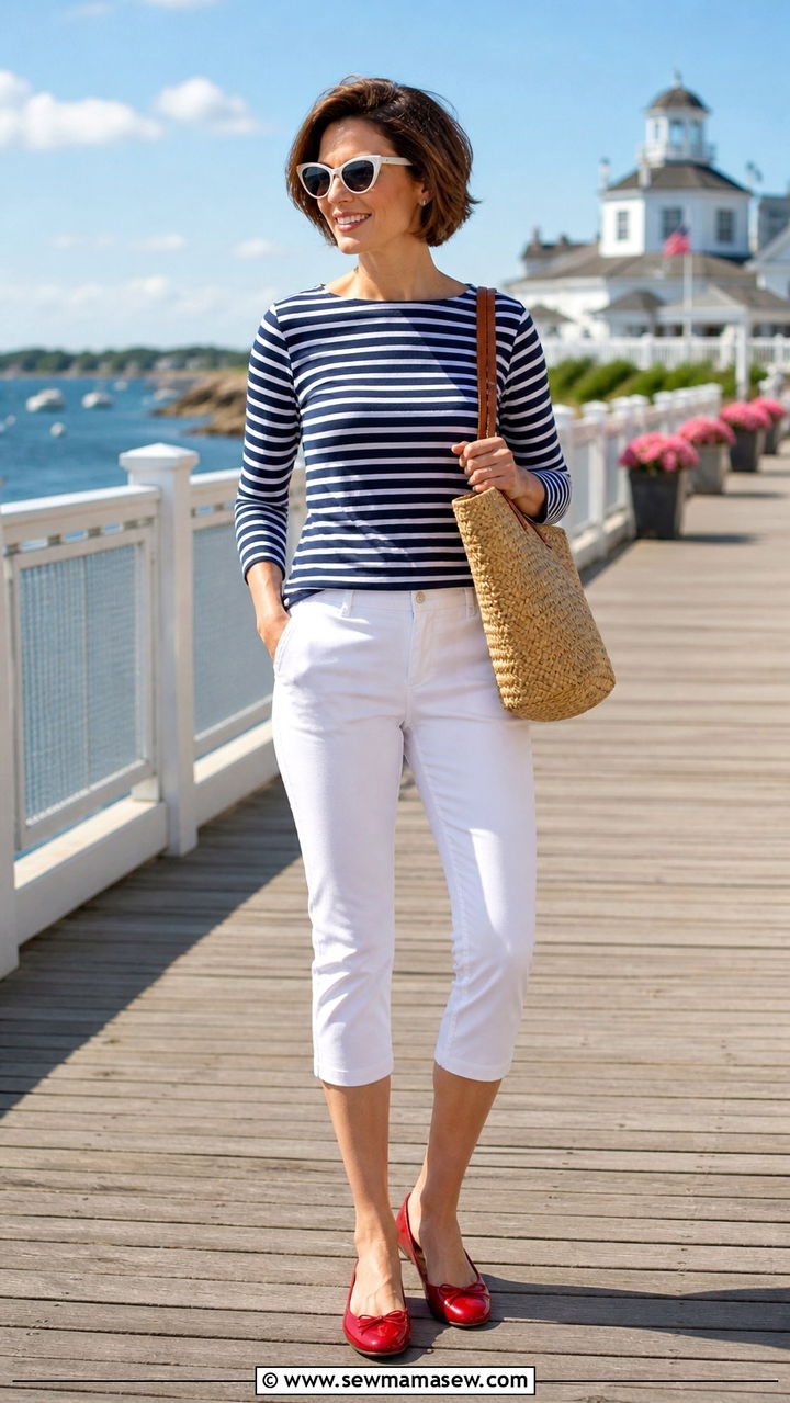 Blue and white nautical stripe top with white capris outfit - 40 Blue and white outfit ideas