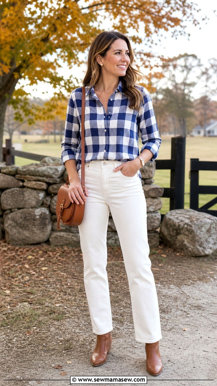 Blue and white plaid shirt with white pants outfit - 40 Blue and white outfit ideas