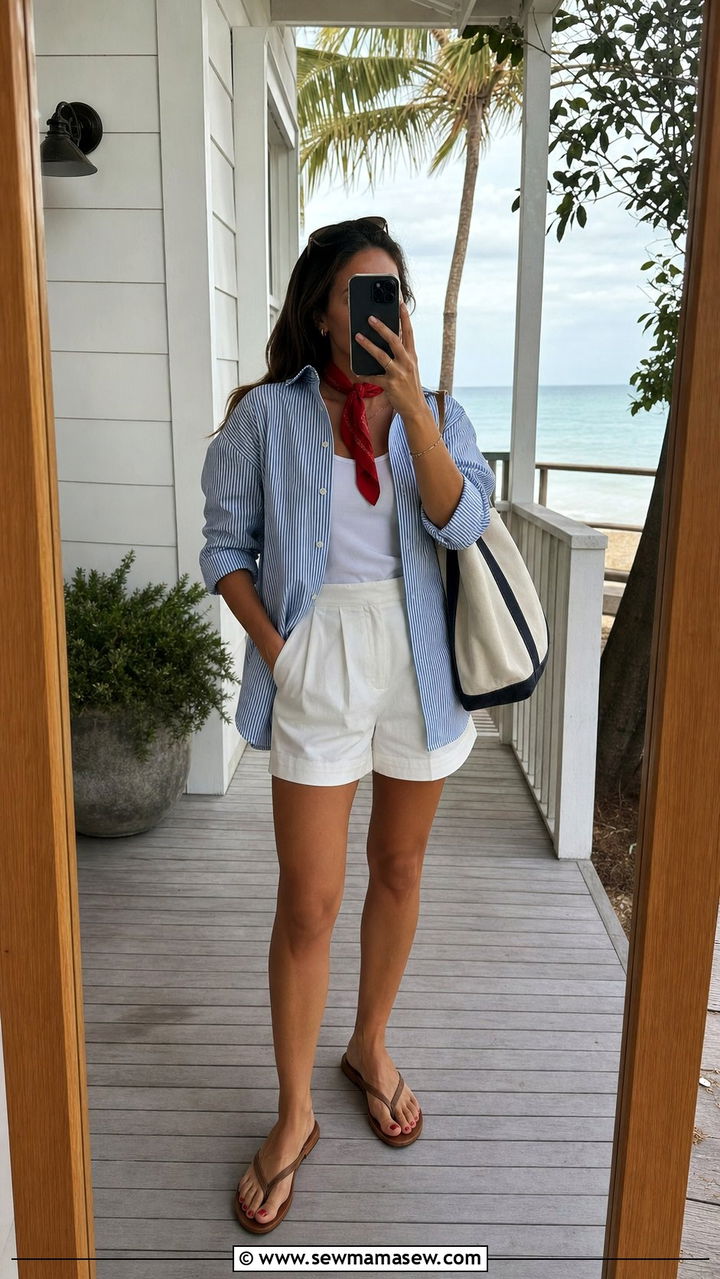 Blue and white striped button down with white shorts - 25 summer italian girl outfit ideas