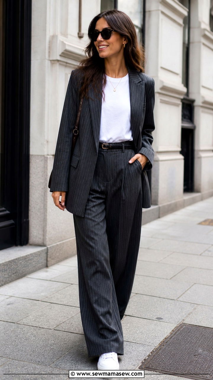 Blue and white striped button down with white wide leg trousers - 40 striped outfit ideas