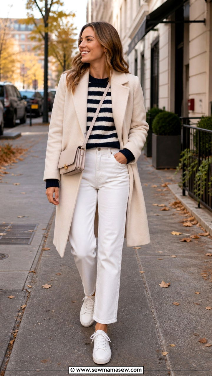 Blue and white striped sweater with white jeans outfit - 40 Blue and white outfit ideas