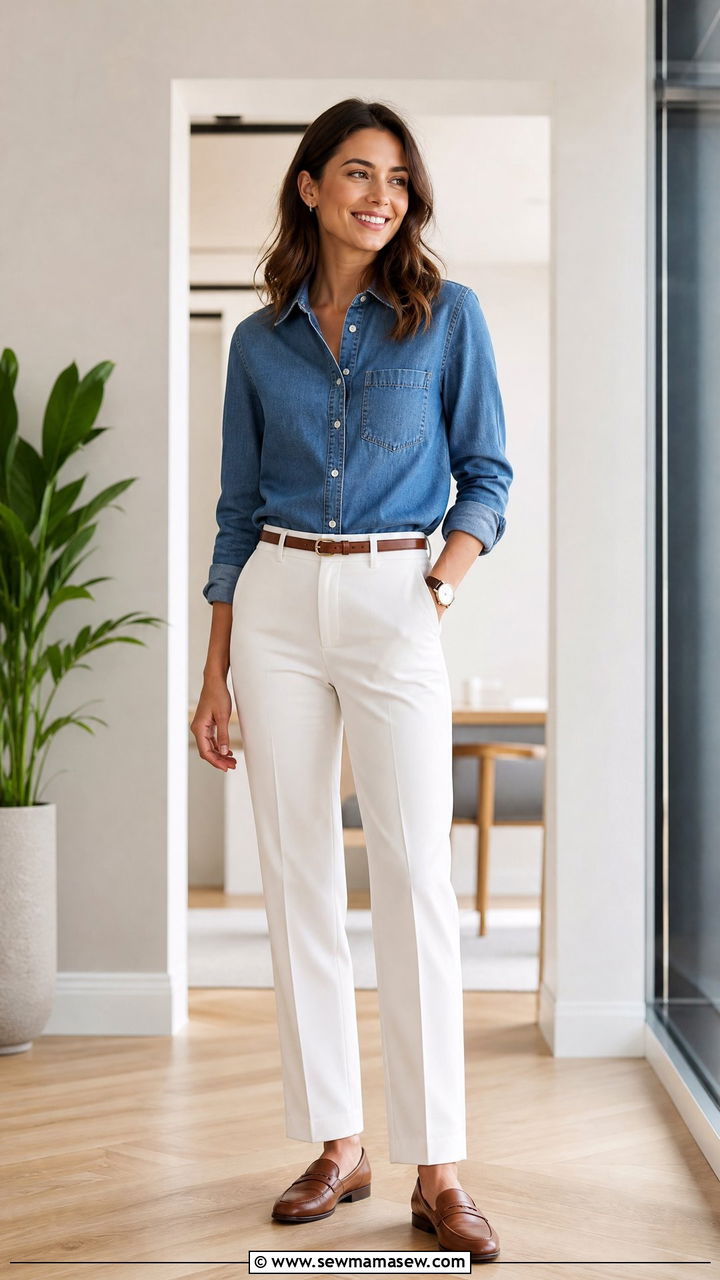 Blue denim shirt with white straight leg trousers - 30 Denim and white outfit ideas