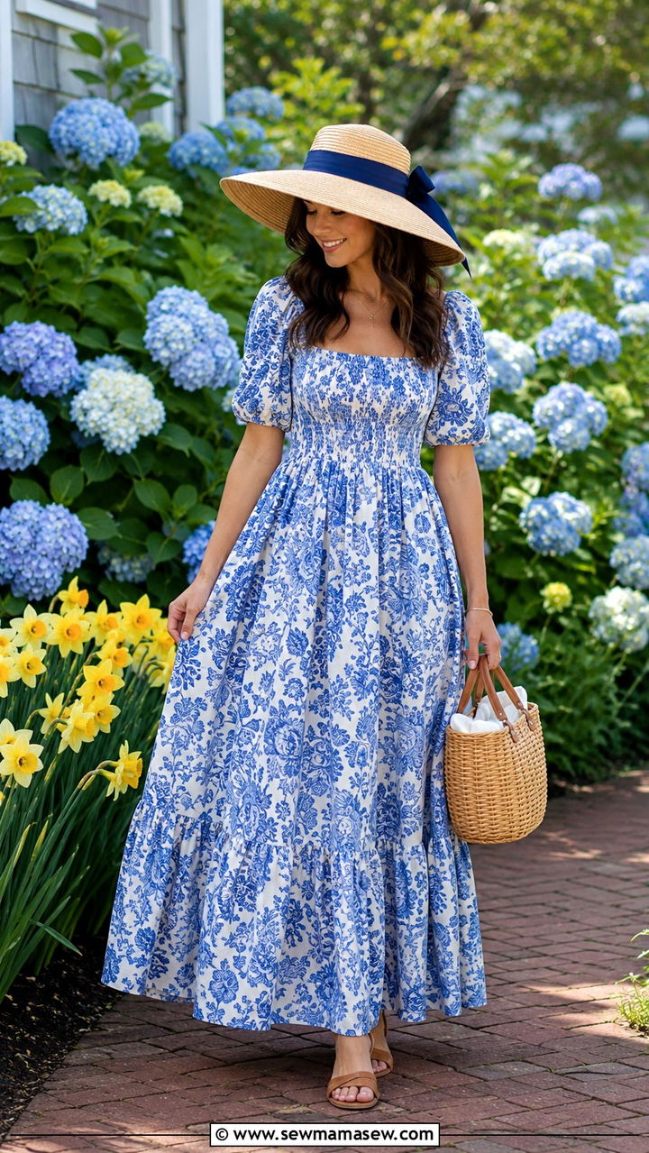 Blue floral maxi dress with straw hat outfit - 30 Nantucket outfit ideas