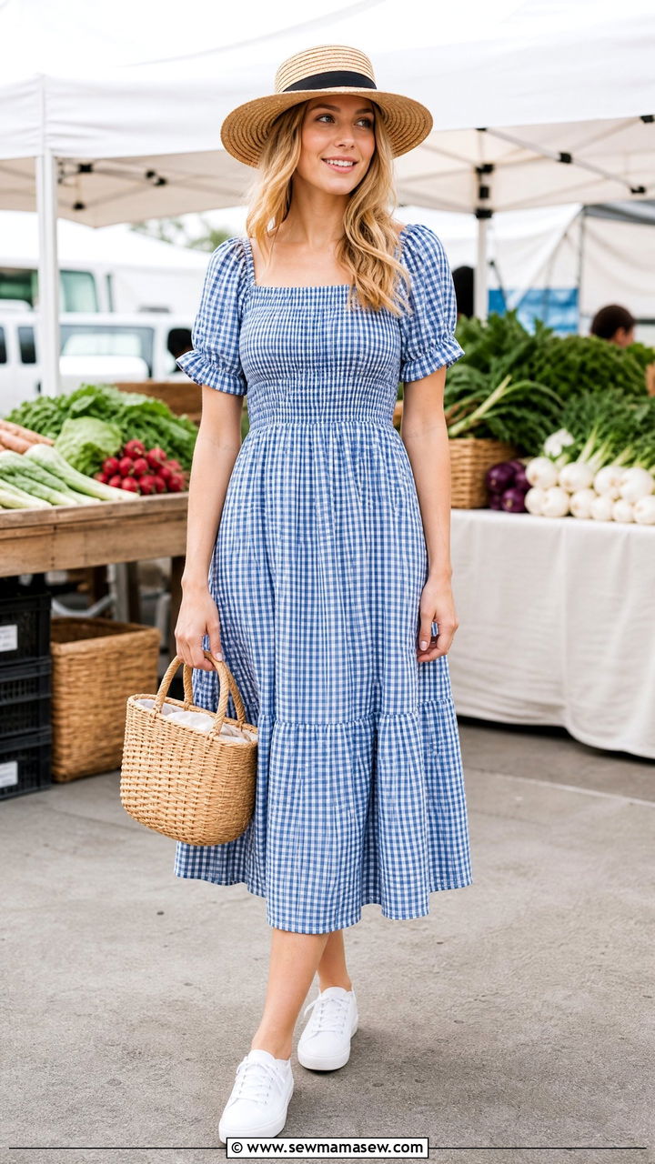 Blue gingham dress with straw hat - 30 summer outfits with straw hat