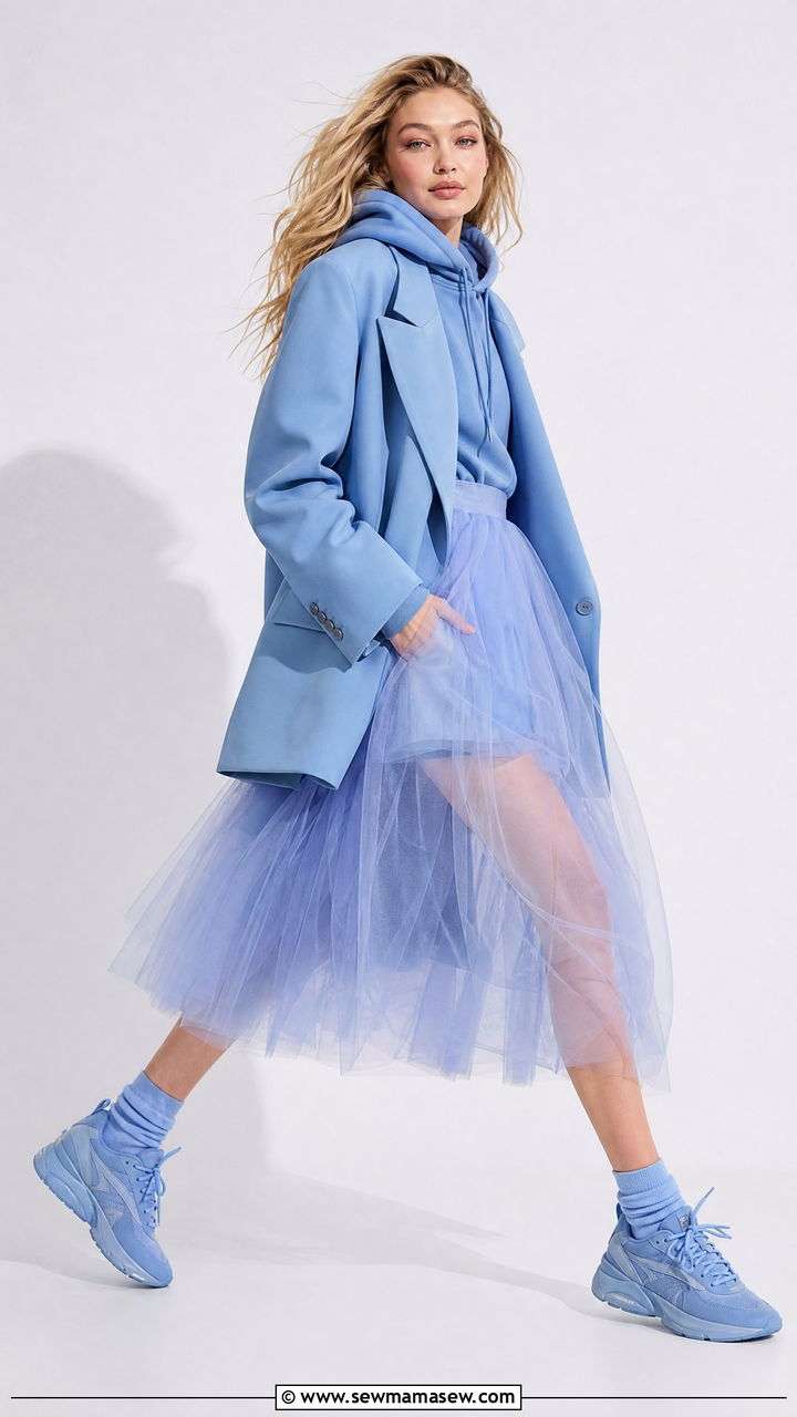 Blue monochrome tutu with an oversized blazer and chunky sneakers - 35 Gigi Hadid spring outfit ideas