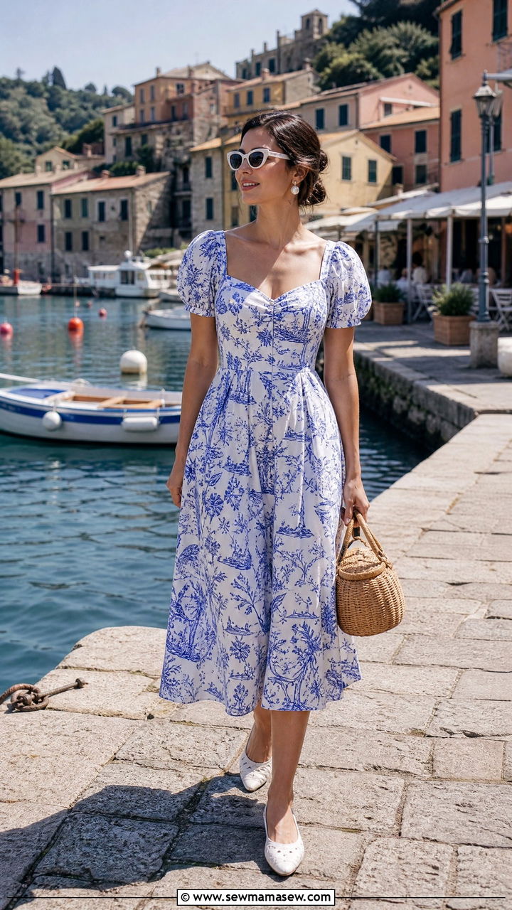 Blue printed midi tea dress with white flats - 30 Summer boat day outfit ideas