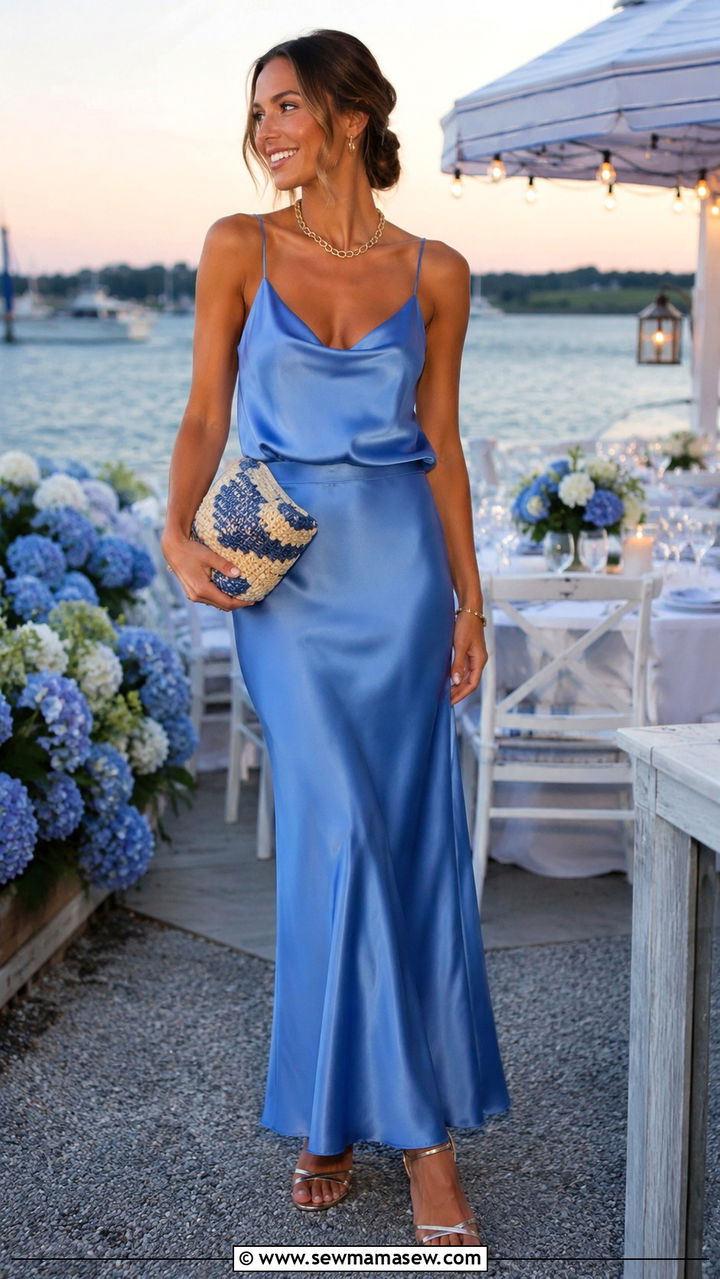 Blue satin maxi skirt with blue top outfit - 30 Nantucket outfit ideas