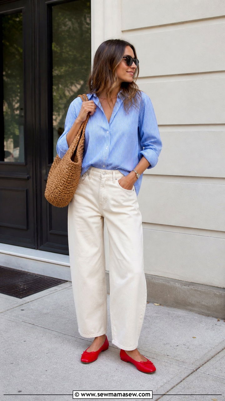 Blue striped poplin shirt with ecru barrel leg jeans and red flats - 40 striped outfit ideas