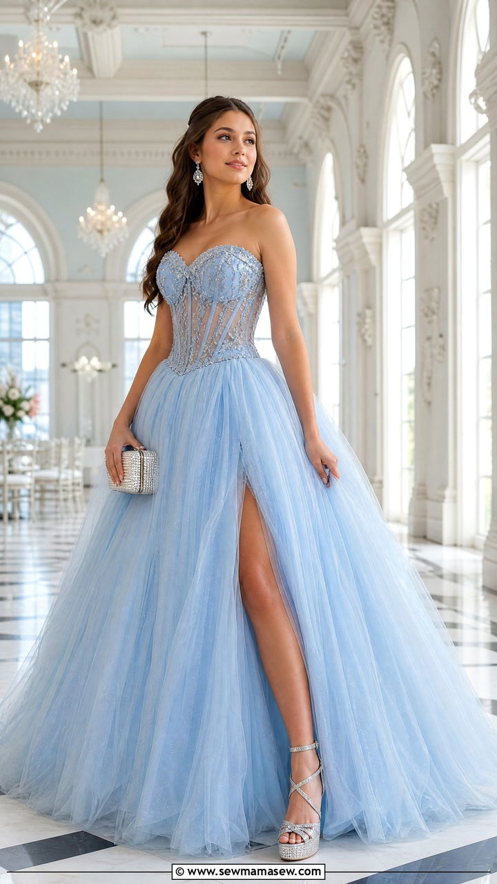 Blue tulle quinceanera gown with silver heels - 25 Quinceanera outfit ideas