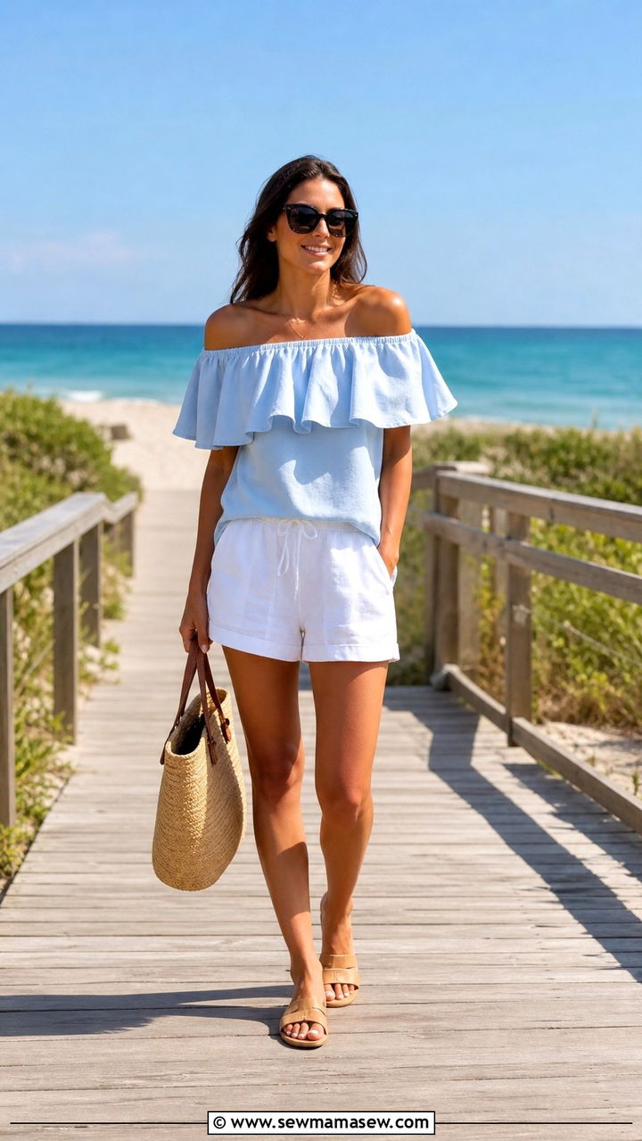 Blueberry Milk Off Shoulder Top and Linen Shorts - 40 Blueberry milk outfit ideas