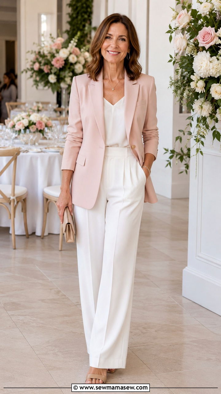 Blush Blazer with White Wide Leg Pants - 30 Modest outfit ideas for women over 40