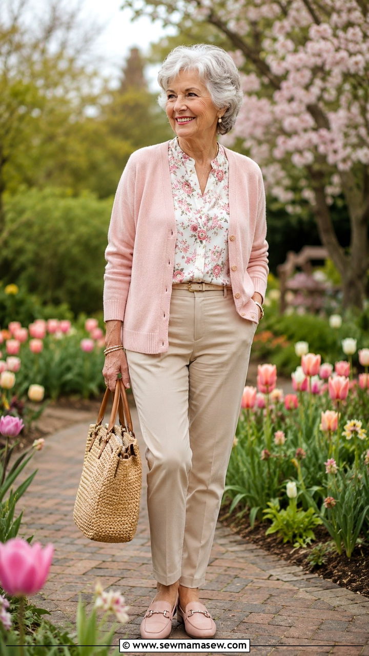 Blush Cardigan with Floral Blouse Outfit - 30 Spring outfits for women over 70