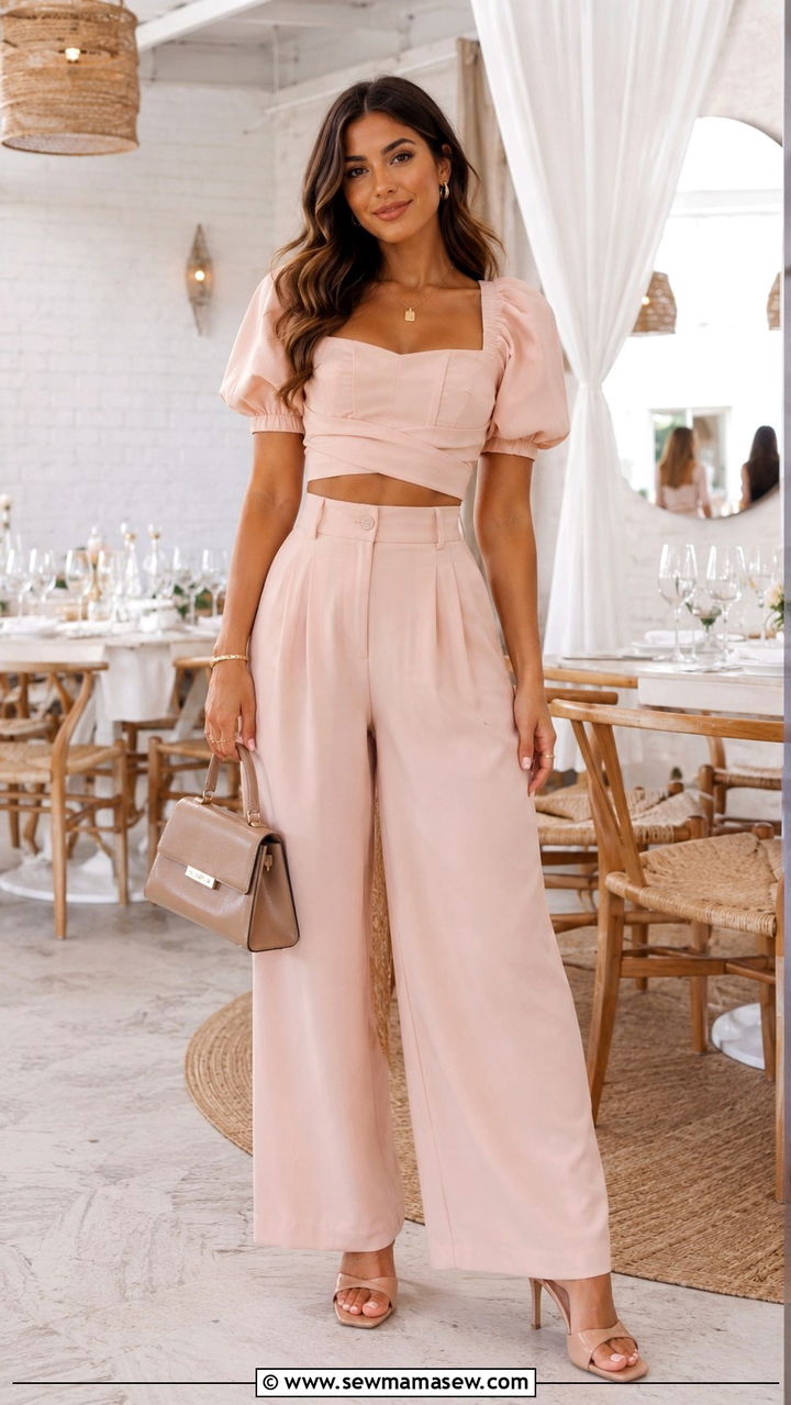 Blush Co Ord Set with Heeled Mules - 25 Baby shower brunch outfit ideas