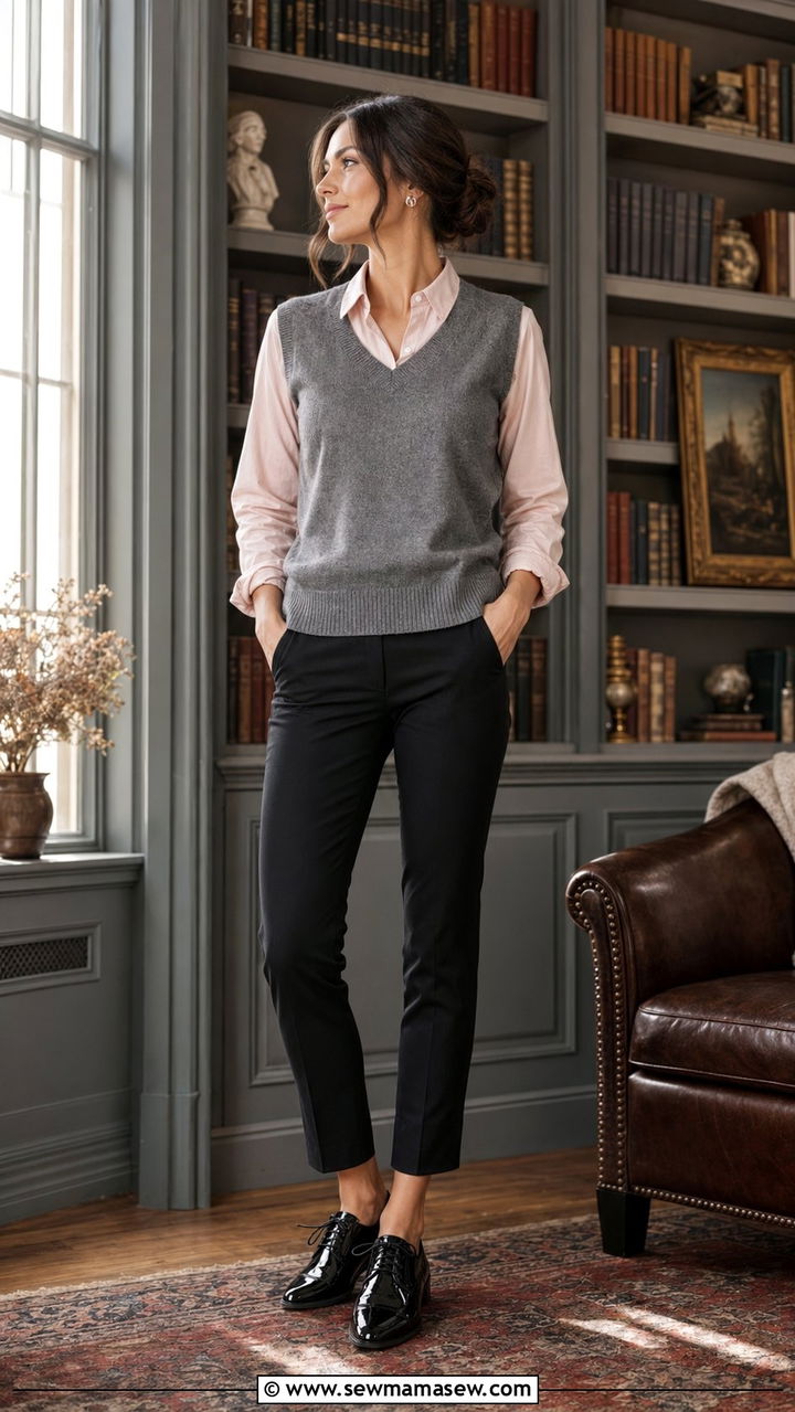 Blush Collared Shirt And Gray Sweater Vest Outfit - 30 Zoom interview outfit ideas