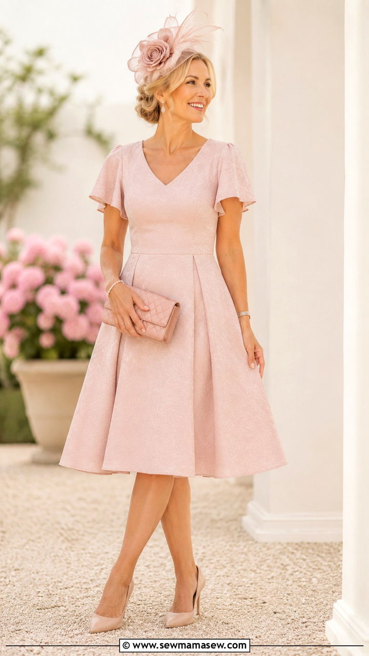 Blush Fit and Flare Dress with Fascinator - 25 Wedding guest outfit ideas for 50 year old