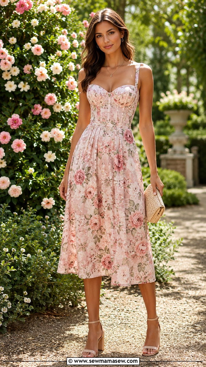 Blush Floral Corset Dress for Garden Wedding - 25 Wedding guest outfit ideas corset bodice dress