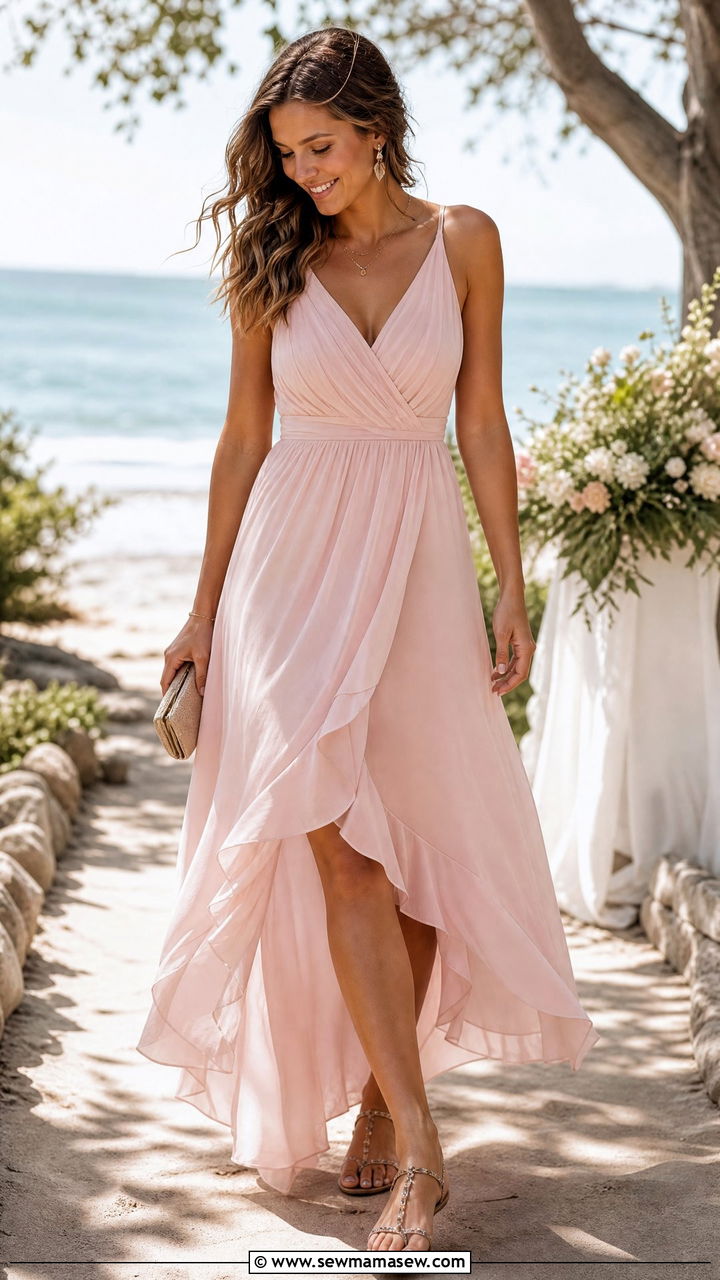 Blush High Low Dress With Strappy Sandals - 30 classy spring wedding guest outfit ideas