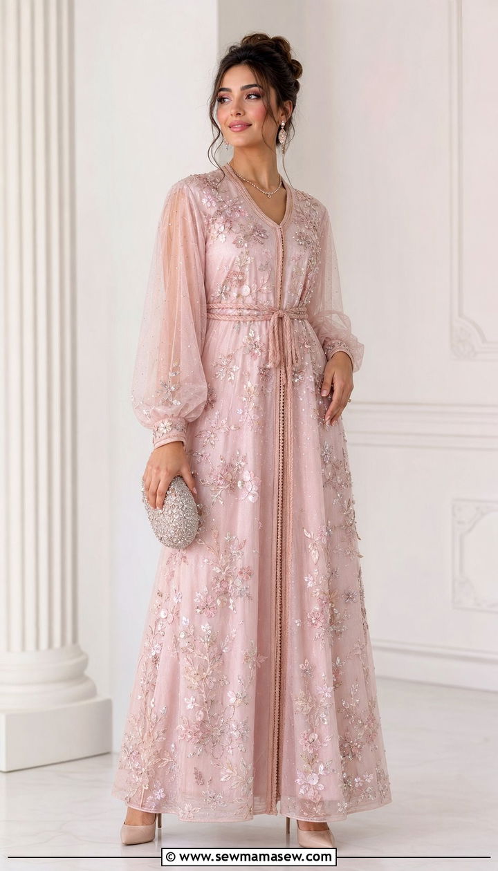 Blush Jalabiya Outfit With Tulle Sleeves - 25 Eid outfit ideas Moroccan