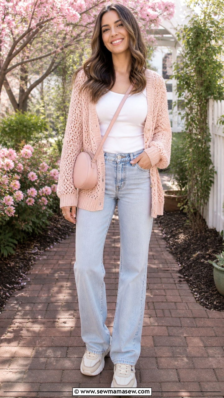 Blush Knit Cardigan And Light Wash Jeans With Tank - 40 spring outfits for moms