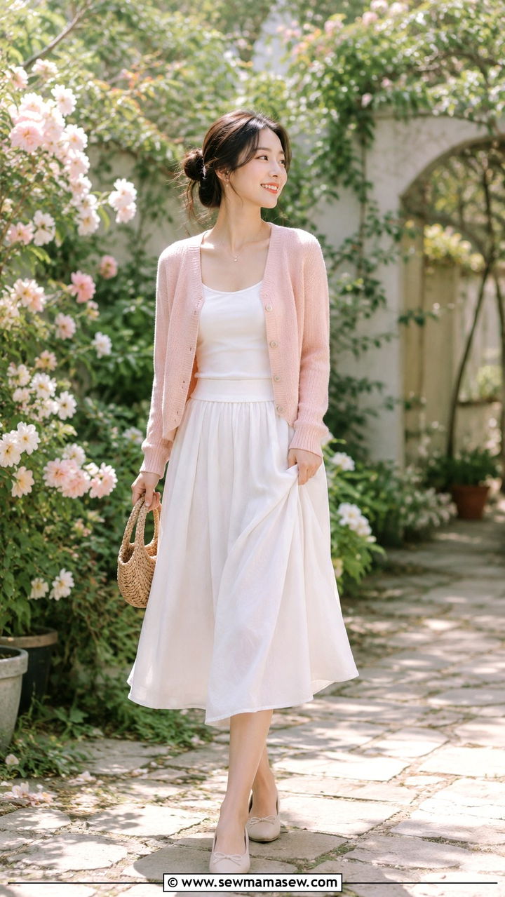 Blush Knit Cardigan and White Midi Skirt Outfit - 20 May outfit ideas 2026