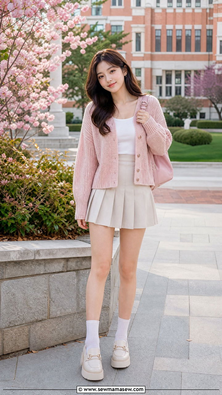 Blush Knit Cardigan with Pleated Mini Skirt - 30 College outfit ideas cute 2026