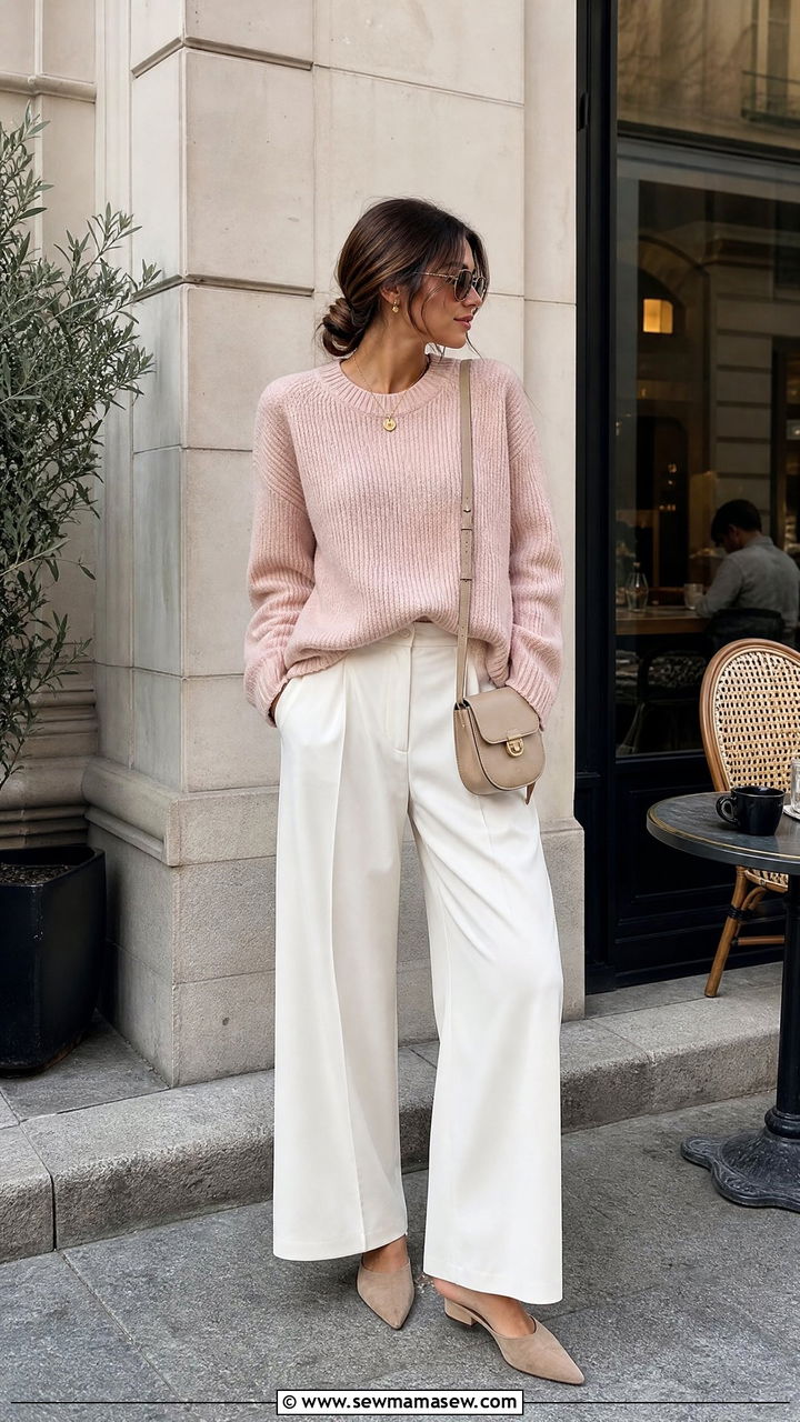 Blush Knit Sweater with Wide Leg Pants - 25 classy Italy outfits