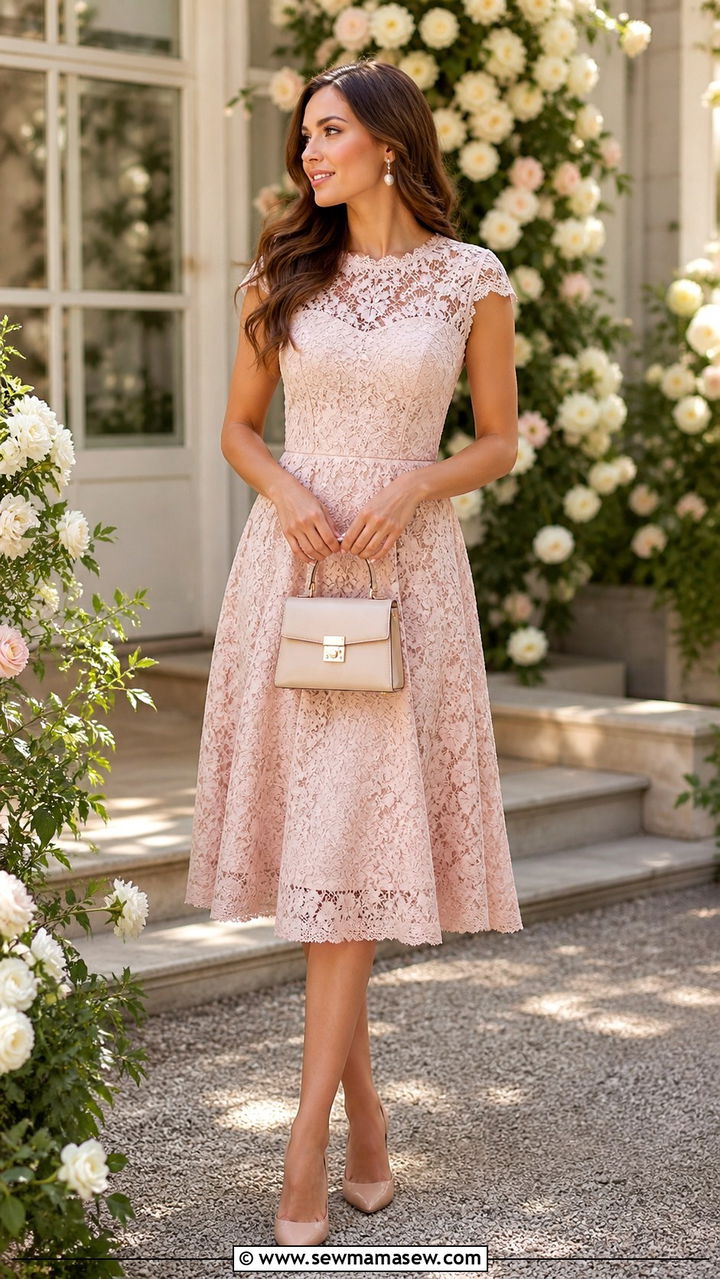 Blush Lace Dress With Nude Heels And Pearl Earrings Outfit - 40 cute lace outfits