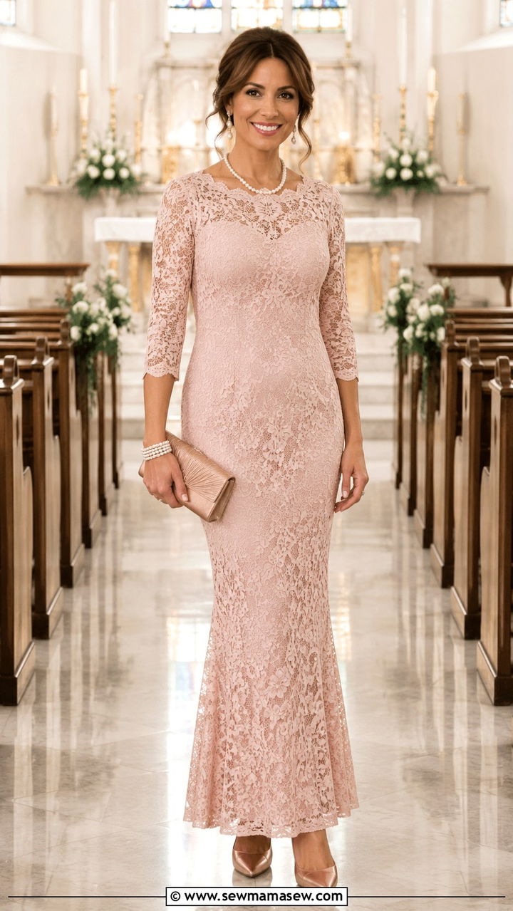 Blush Lace Fitted Gown for Formal Wedding - 25 Wedding guest outfit ideas for sister of the bride