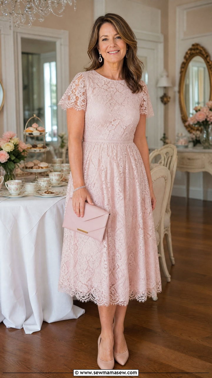 Blush Lace Midi Dress With Nude Pumps - 25 baby shower outfits for women over 40