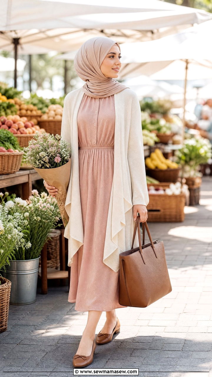 Blush Midi Dress With Cozy Cardigan - 30 modest classy outfits for women