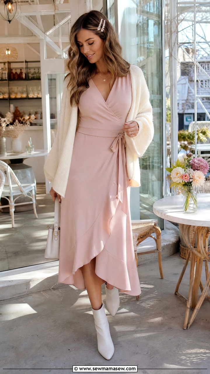 Blush Midi Dress With White Ankle Boots - 30 Galentine's Day outfit ideas