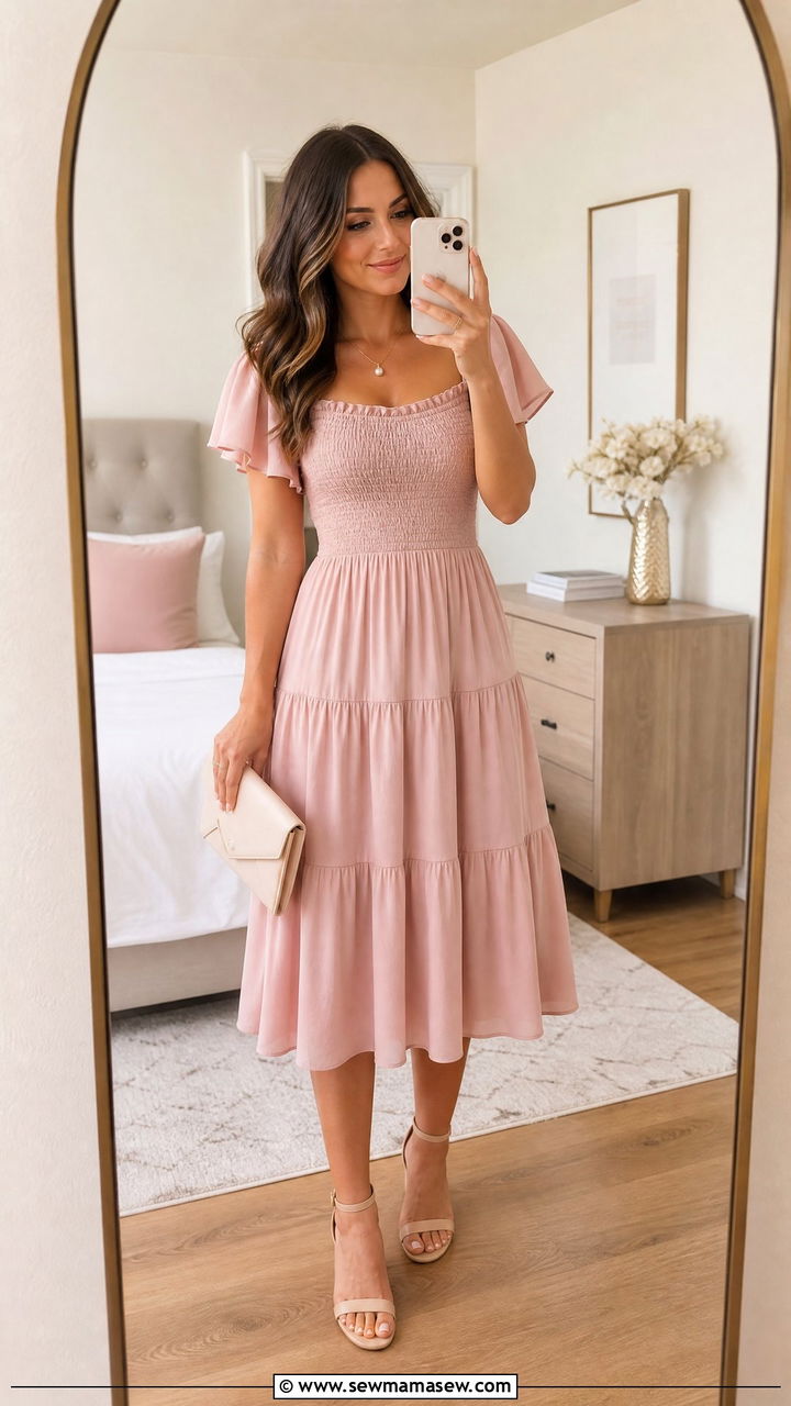 Blush Midi Dress with Flutter Sleeves - 25 modest bridal shower outfit ideas