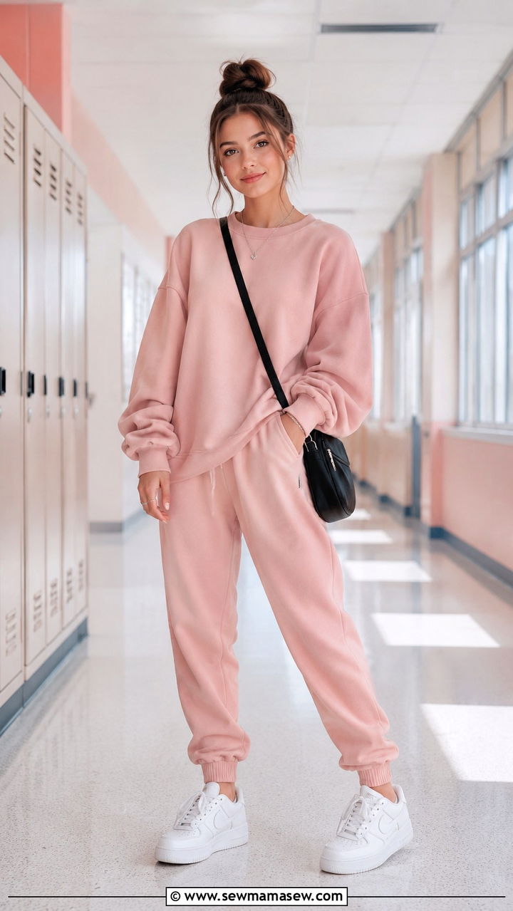 Blush Monochrome Sweatpants Set With Crossbody Bag - 30 School outfit ideas with sweatpants