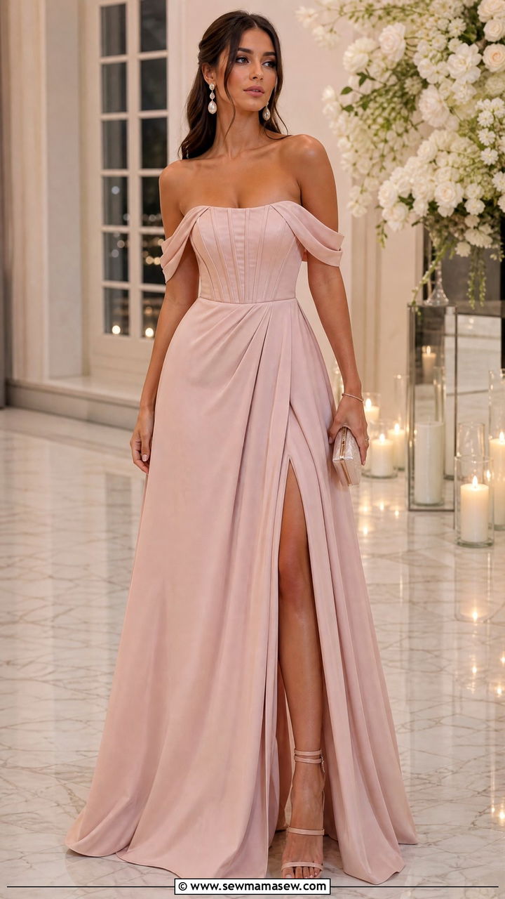 Blush Off Shoulder Corset Gown - 30 classy spring wedding guest outfit ideas