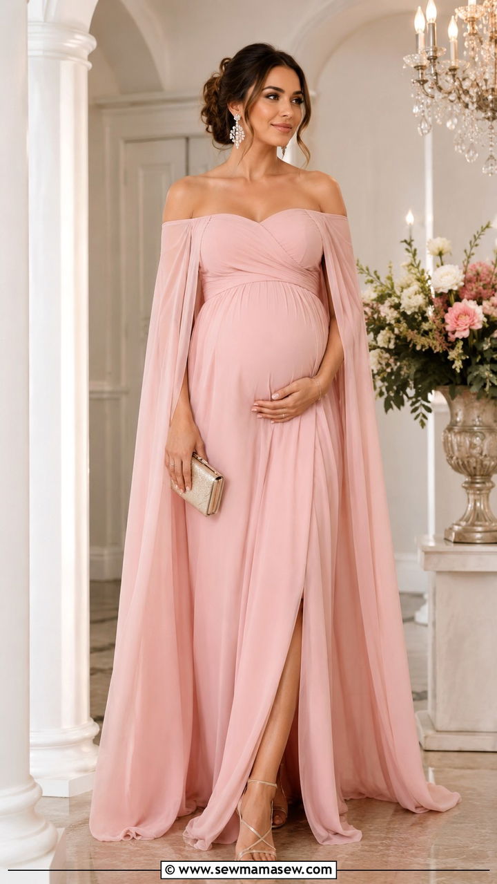 Blush Pink Bardot Maxi Dress With Chiffon Cape - 25 wedding guest outfits for pregnant women