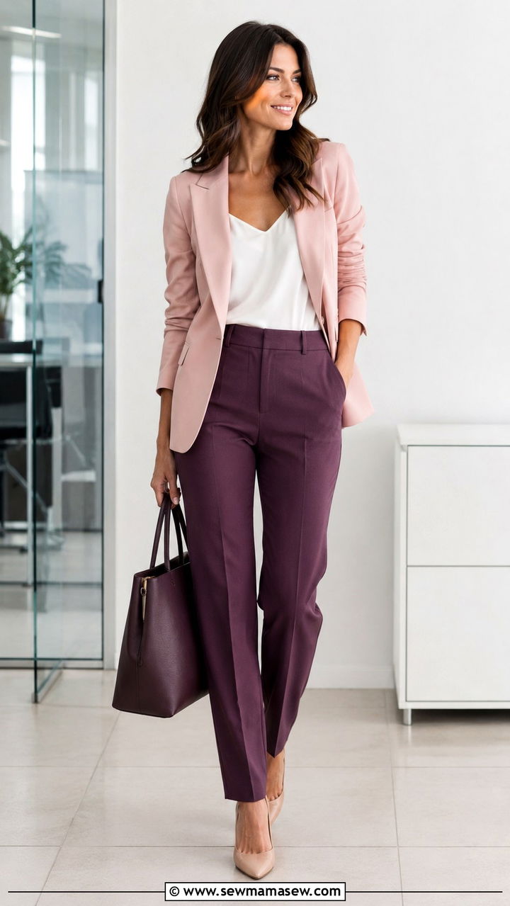 Blush Pink Blazer With Plum Trousers - 25 Pink and purple outfit ideas