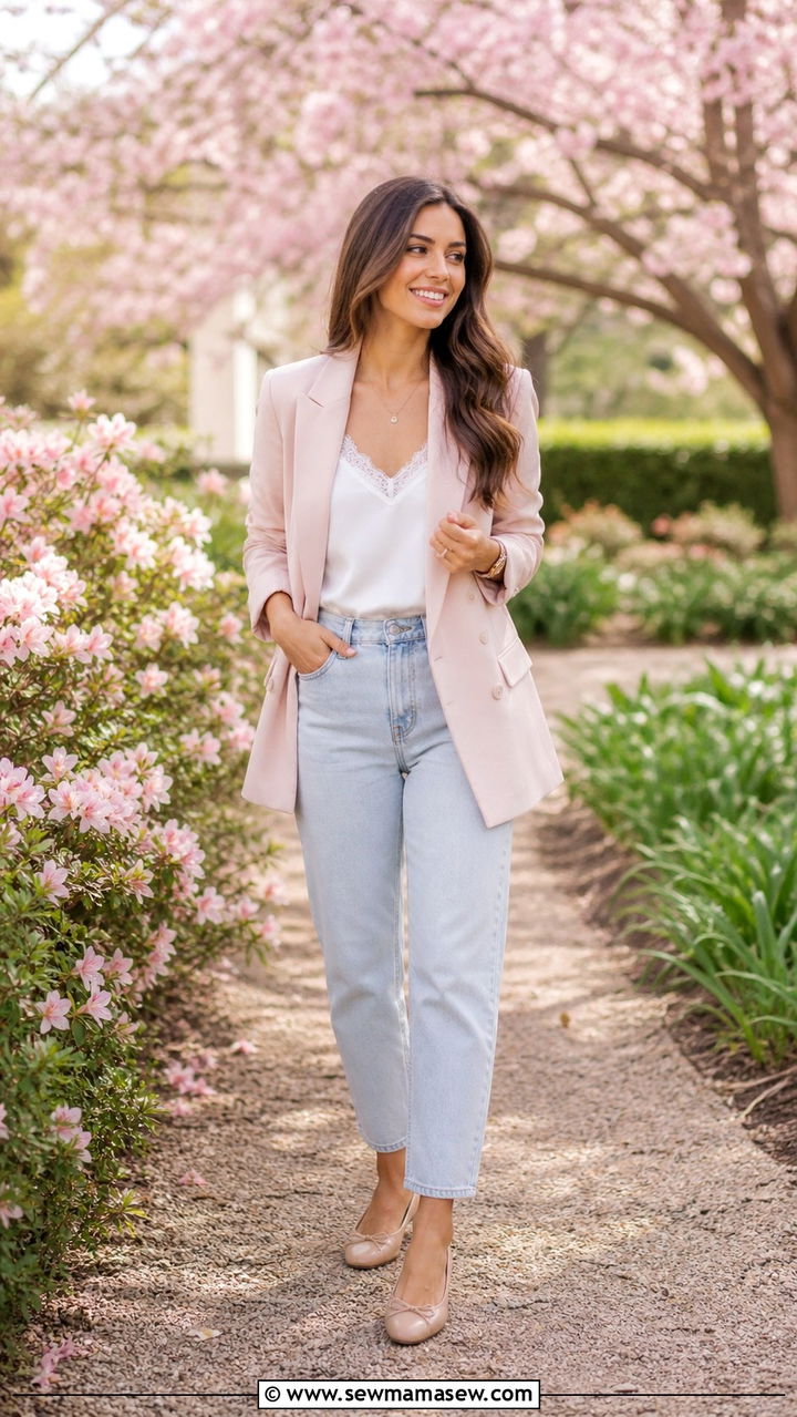 Blush Pink Blazer With White Lace Camisole And Light Jeans - 40 casual blazer outfits