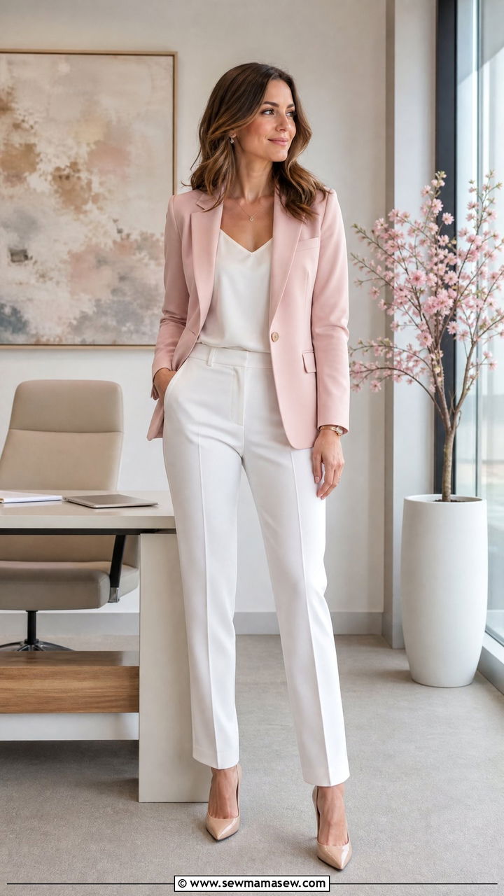 Blush Pink Blazer With White Tailored Trousers - 30 Formal office outfit ideas