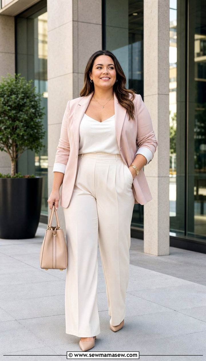 Blush Pink Blazer and Wide Leg Ivory Trousers Outfit - 35 Business casual outfits for curvy women